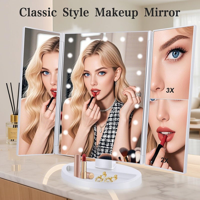 deweisn Floor Mount Tri-Fold Lighted Vanity Mirror with 21 LED Lights, Touch Screen and 3X/2X/1X Magnification, Two Power Supply Modes Make Up Mirror,Travel Mirror - Image 2